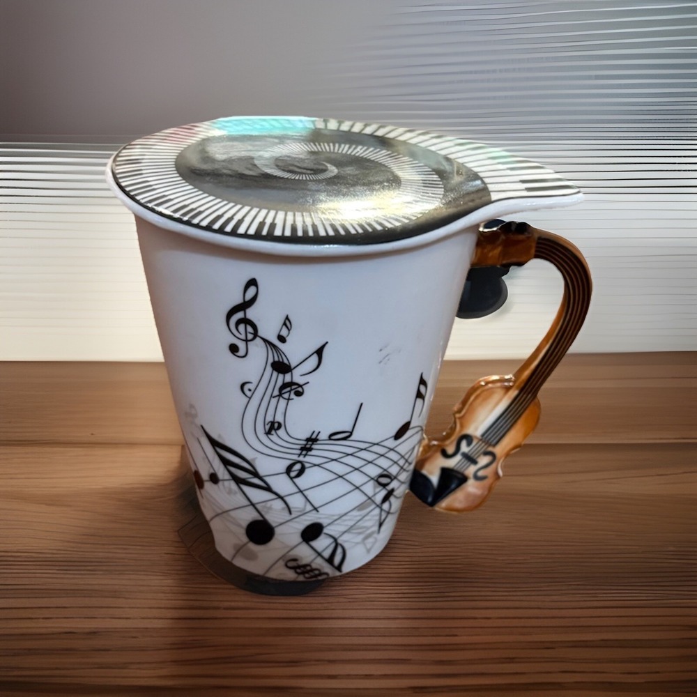 Violin Music Notes Piano Keys Ceramic Mug with Lid Tea Coffee Musician‎
